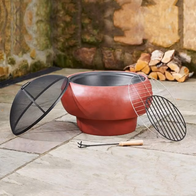 Teamson Red Round Wood-Burning Fire Pit with Concrete Base, Diameter: 53 cm