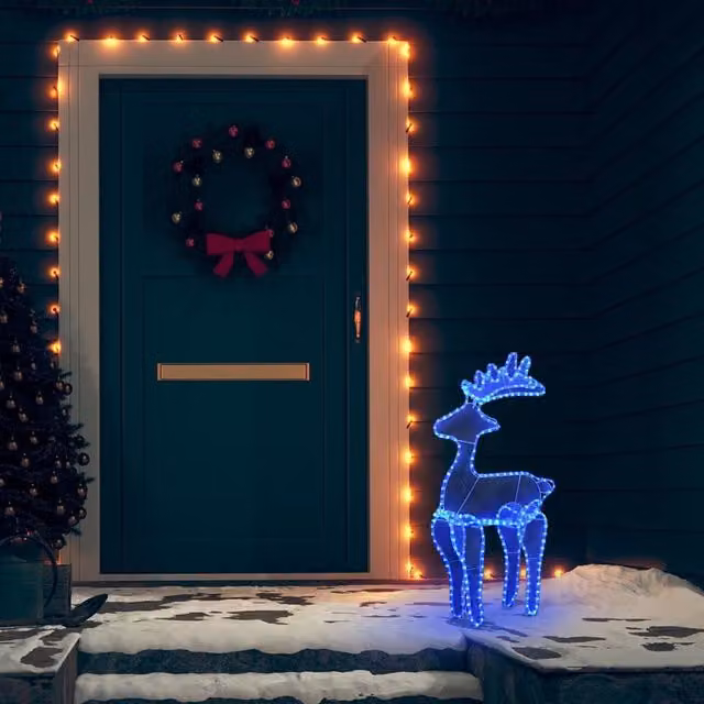 Berkfield Home Reindeer Christmas Decoration with 306 LEDs and Mesh in Blue, W/D/H: 60 x 24 x 89 cm
