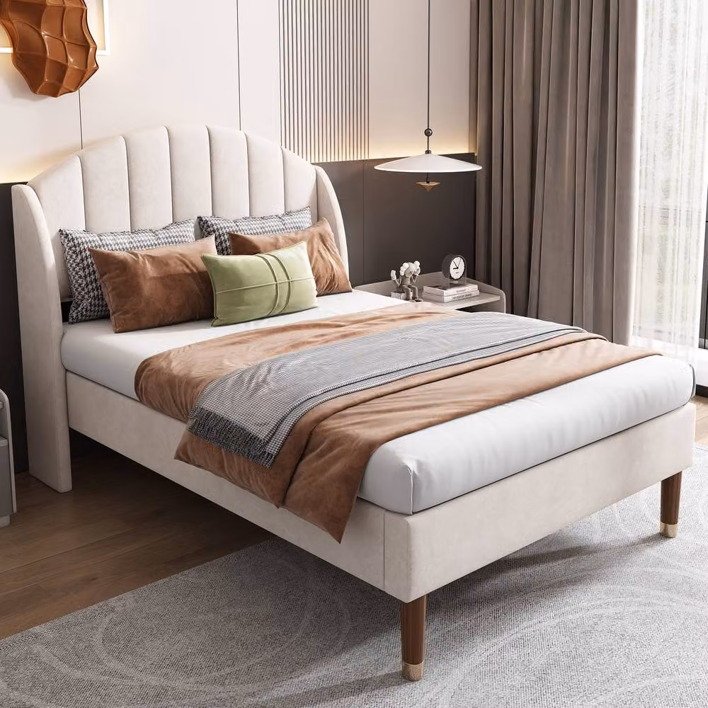 Merax Single Wingback Velvet Upholstered Bed in Beige, W/D/H: 90 x 190 cm – 2