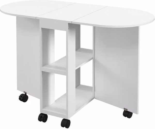 KORVIXA Folding Dining Table with 2-tier Shelves and Castors in White – 1