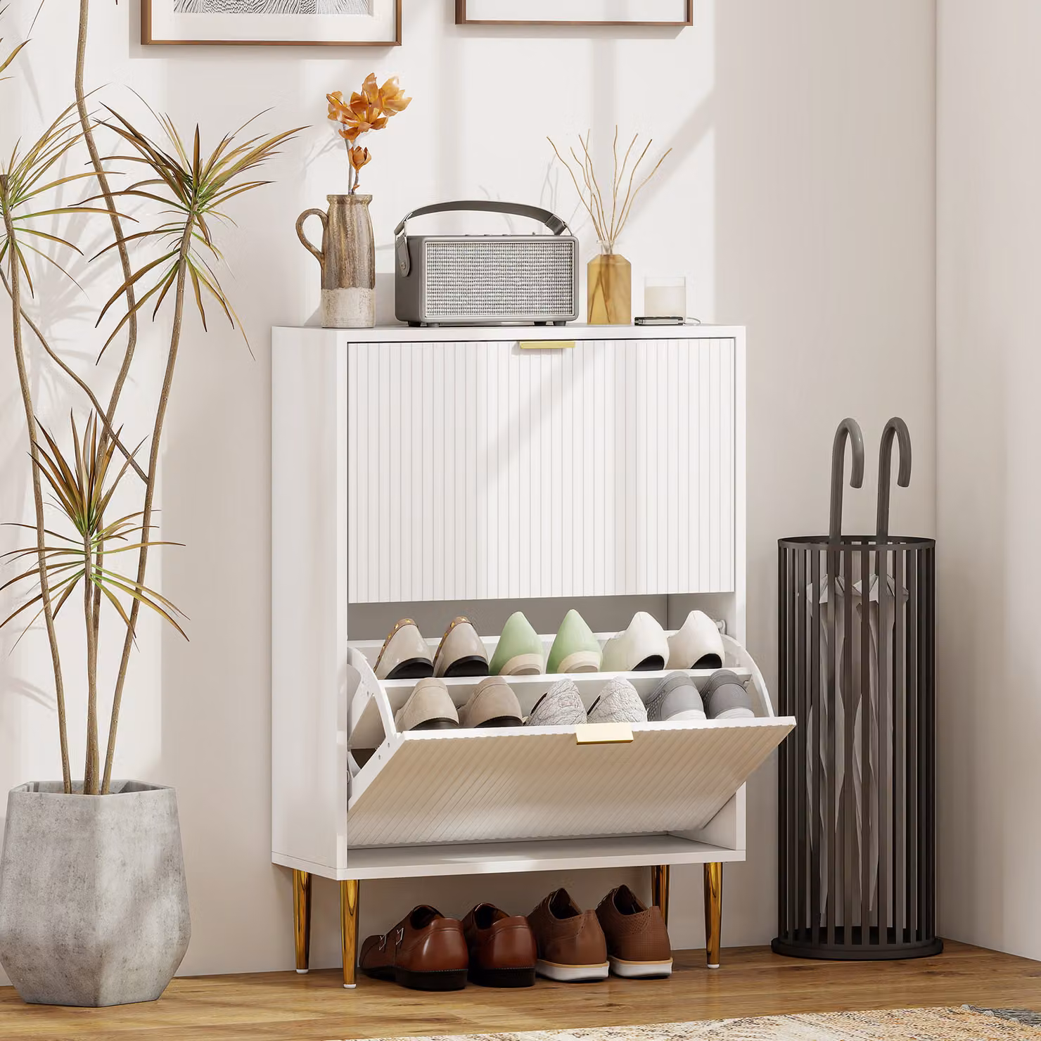 HOMCOM Modern Narrow White Shoe Cabinet with 2 Tilting Compartments and Gold Accents, H 91.5 x W 60.0 x D 14.2 cm – 2