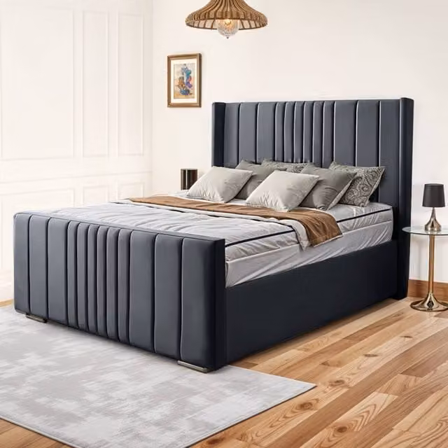 UK Bed Furniture Balmoral Wingback Ottoman Gas Lift Upholstered Bed with 48 inch Headboard in Charcoal Grey, Size: Super King