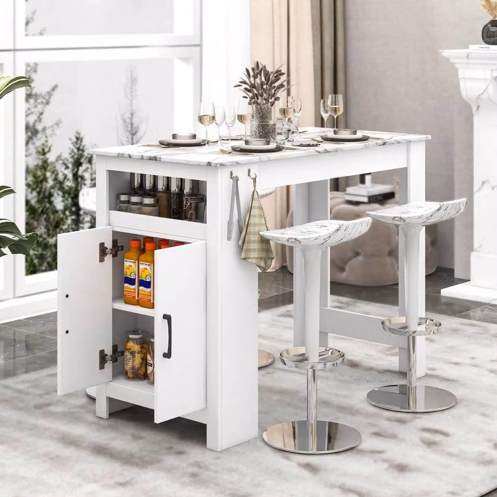 Costway Faux Marble Bar Table with Hooks and Cabinet in White – 3