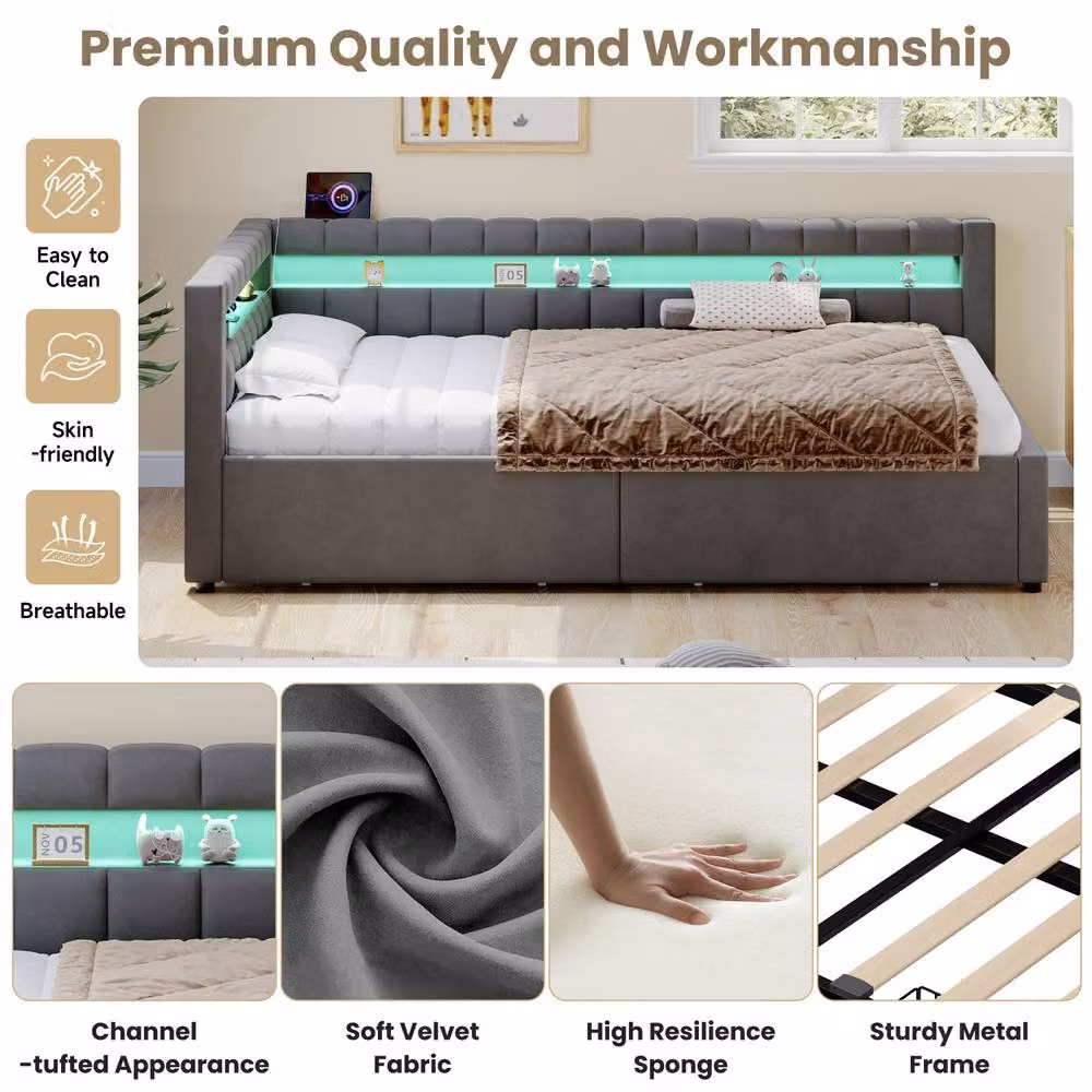 Merax Single Upholstered Corner Bed in Grey with LED Lighting, USB Charging Port and Drawers, W/D/H: 90 x 190 x 220 cm – 3