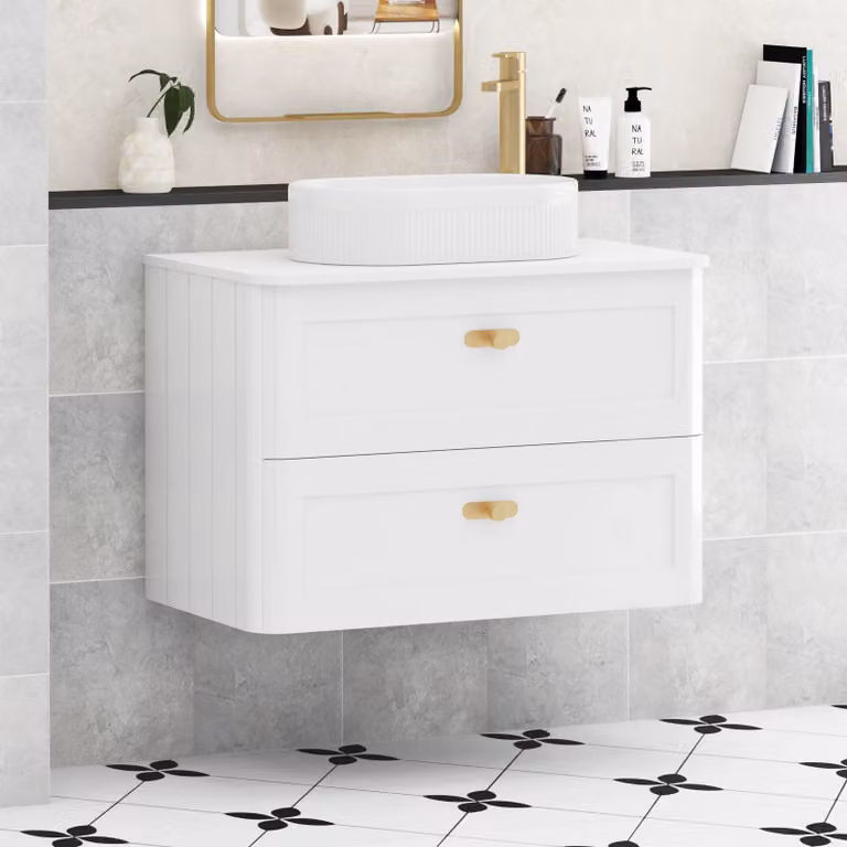 Royal Bathrooms Henley 800mm Gloss White Wall Hung Vanity Unit with Lyon Basin and Brushed Brass Knob