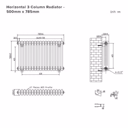 Lux Heat Black Horizontal 3 Column Traditional Steel Radiator, H: 50.0 cm, W: 78.5 cm – 4