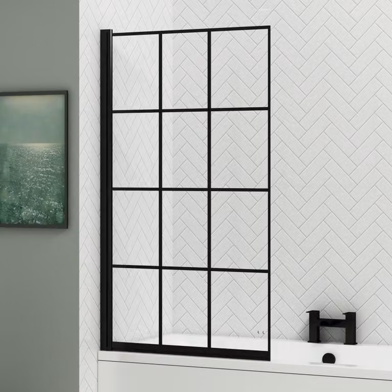 Royal Bathrooms Grid Hinged Straight Shower Bath Screen in Matt Black with 5mm Clear Glass, W: 140 cm