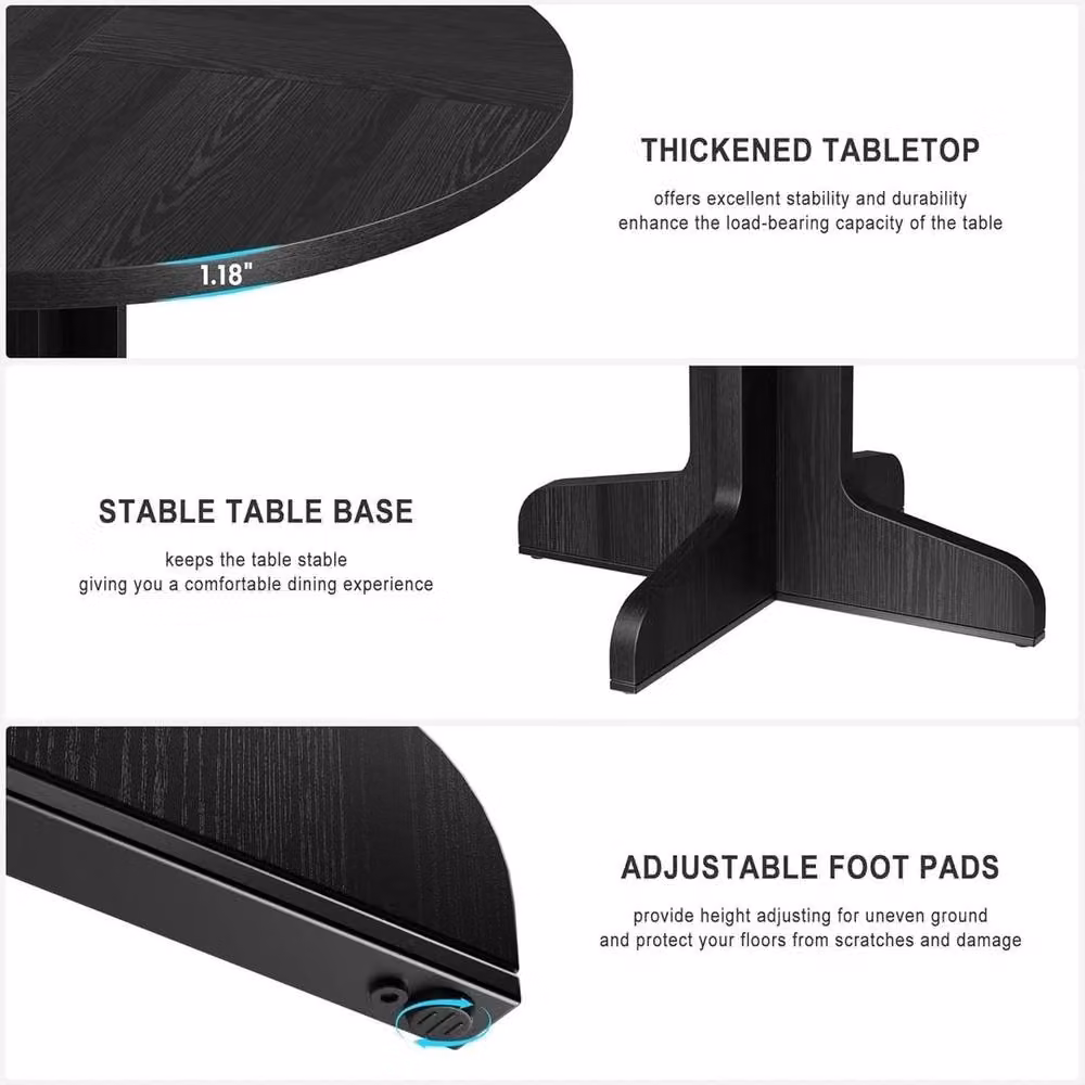 VOGREX Round Wood Dining Table in Black, Diameter: 119.38 cm, Height: 75.94 cm – 3