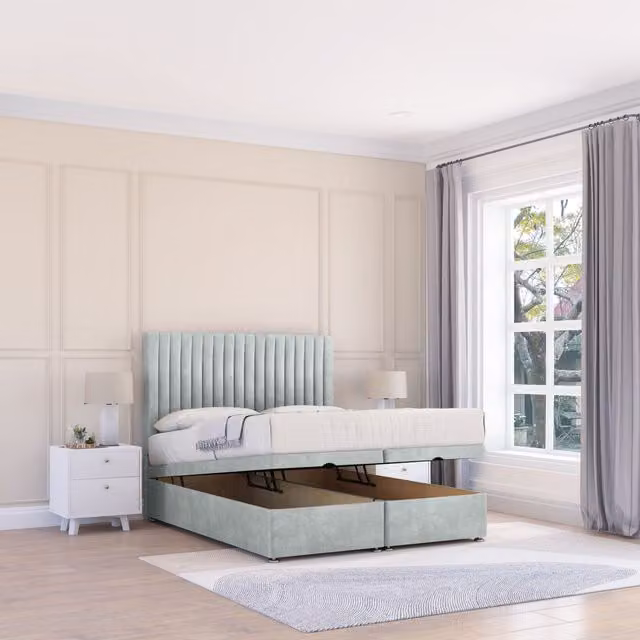 Sloomy Manhattan Naples Silver Fabric Ottoman Bed with Sprung Memory Mattress and 26 Inch Strut Headboard, Small Single