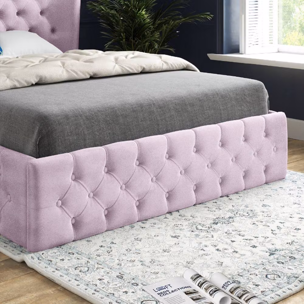 KDMD Leigh Wide Winged Upholstered Pink Soft Velvet Designer Bed Frame, W/D/H: 174 x 140 x 137 cm – 4