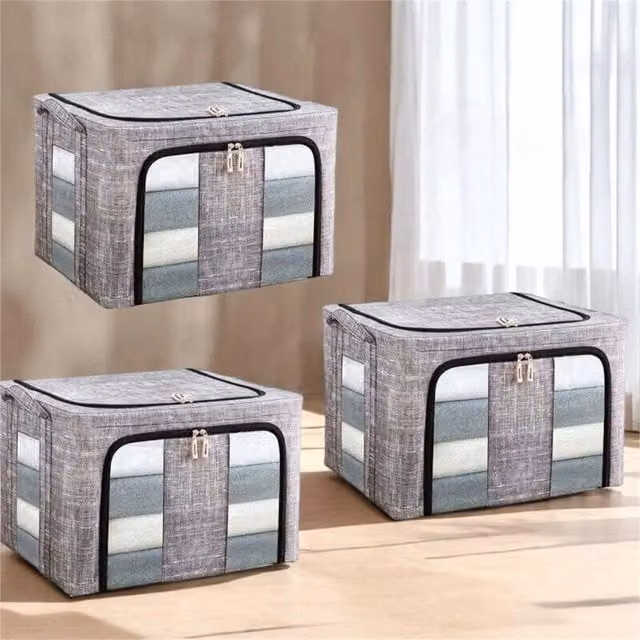 VOGREX 3x 66L Folding Fabric Storage Boxes with Steel Frame, Grey Wardrobe Organisers – 1