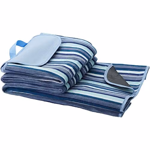 Bullet Riviera Striped Picnic Blanket in White and Blue with Waterproof Underside and Carry Handle