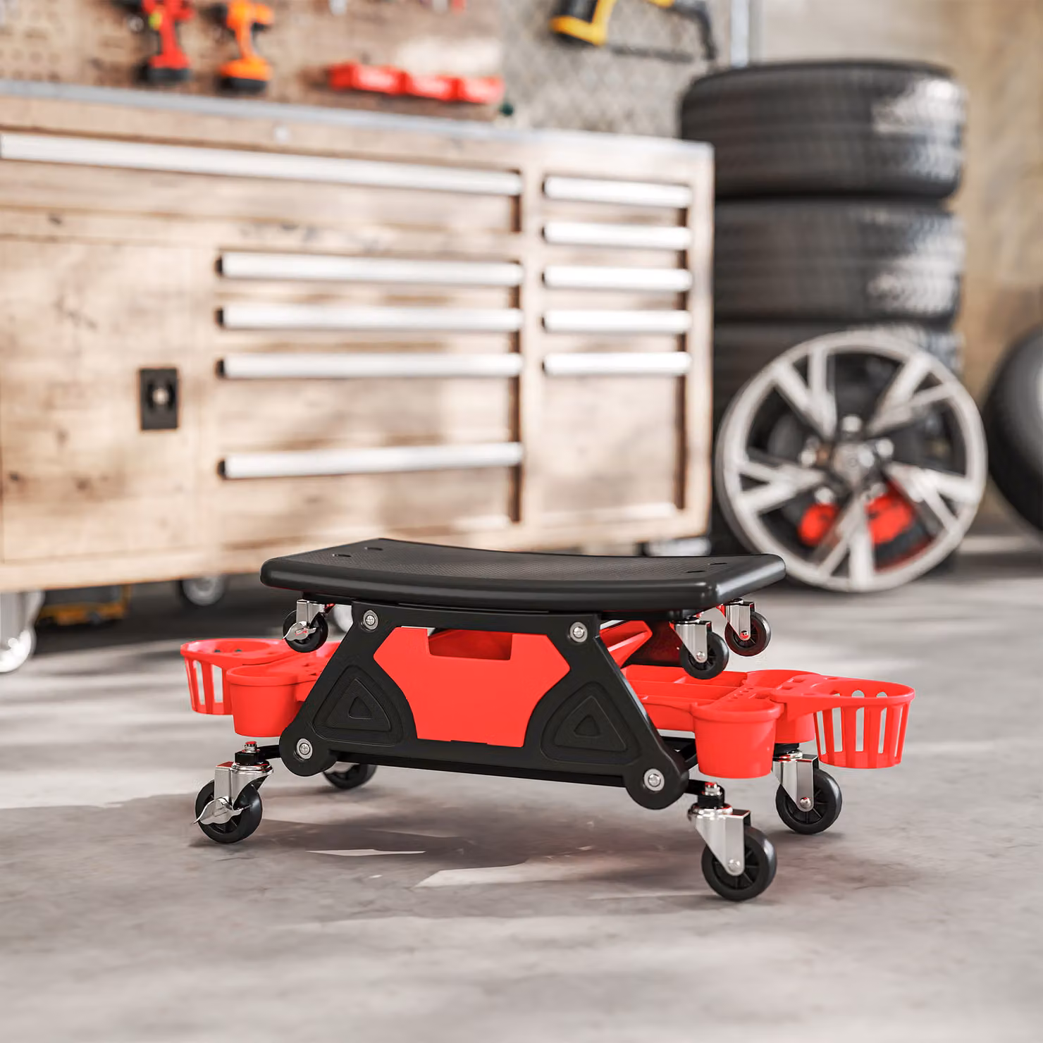 HOMCOM Red Rolling Mechanic Stool with 360 Degree Swivel Wheels and Tool Trays – 8