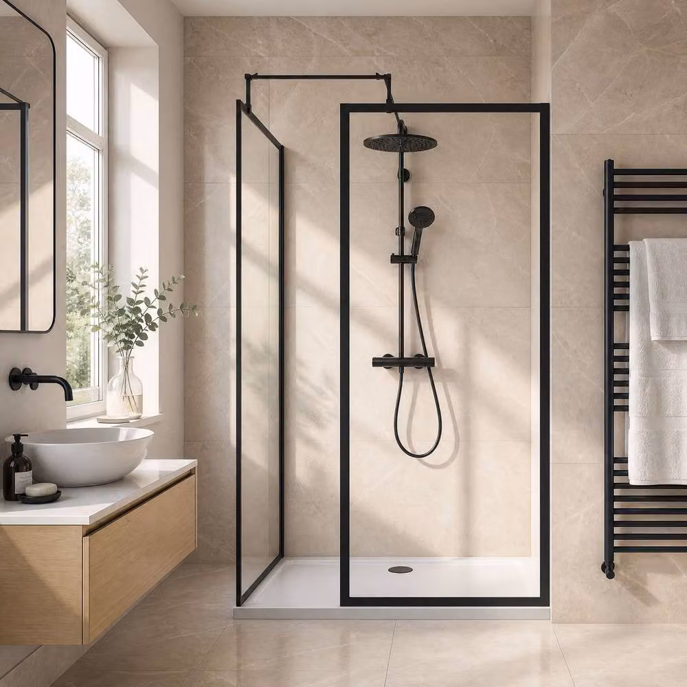 Balterley Framed Rectangular Walk-In Wetroom Glass Bundle, Matt Black, W: 120 cm, D: 80 cm – 2