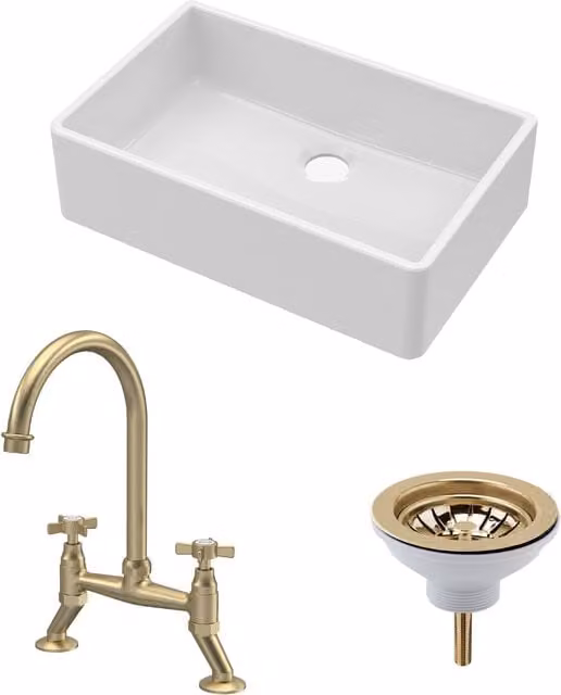 Balterley White Ceramic Single Bowl Butler Sink with Brushed Brass Bridge Mixer Tap and Pop Up Waste, 795mm