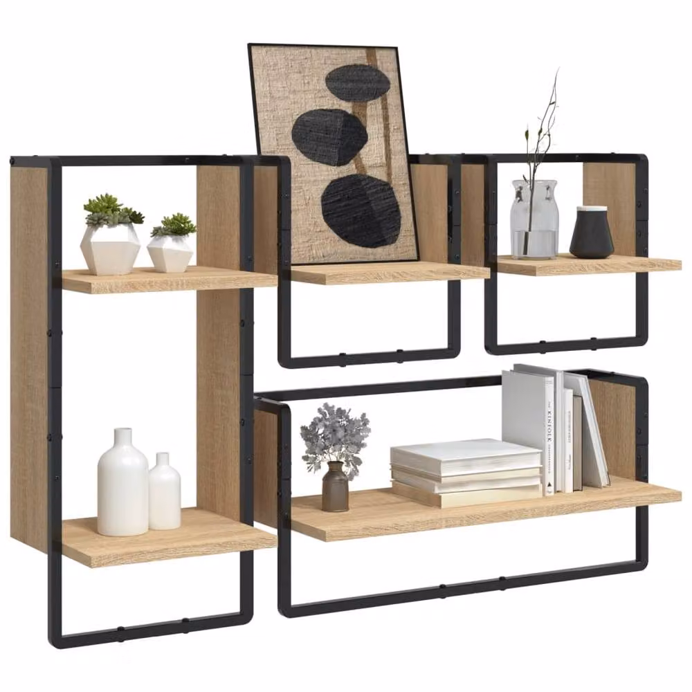 Berkfield Home 4 Piece Wall Mounted Shelf Set with Hanging Rods in Sonoma Oak Light Brown – 3