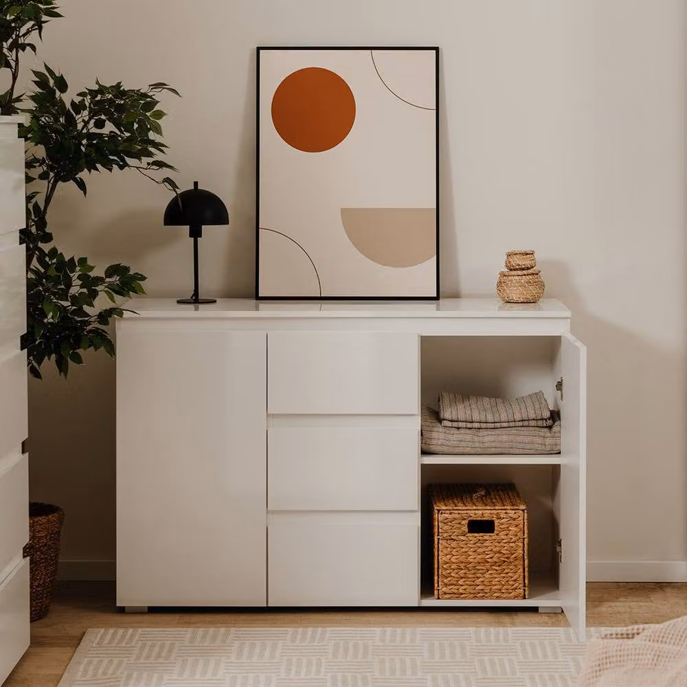 CALICOSY Pretoria White Glossy 2-Door 3-Drawer Buffet Sideboard, Width: 120 cm – 2