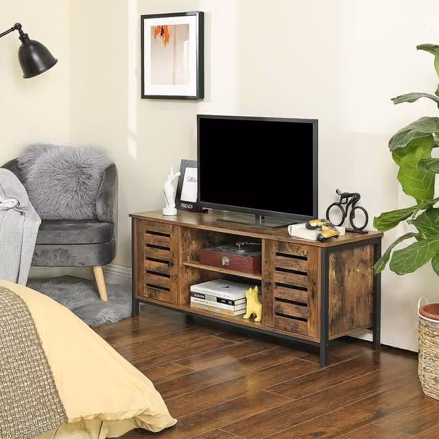 VASAGLE Industrial TV Stand Cabinet with Shelves and Louvered Doors in Brown – 1
