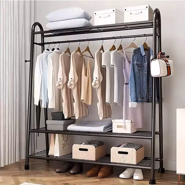 KORVIXA Black Metal Double Rail Clothes Garment Rail, W/D/H: 50 x 50 x 160 cm