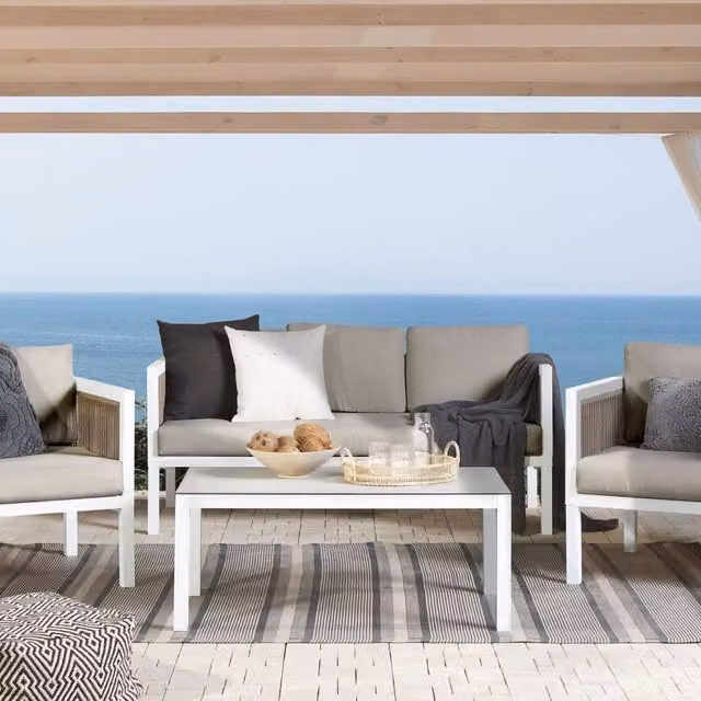 Wyld and Coco 5 Seater L-Shape Outdoor Corner Sofa Set with Coffee Table, Brown Powder Coated Aluminium Frame and White Cushions – 1