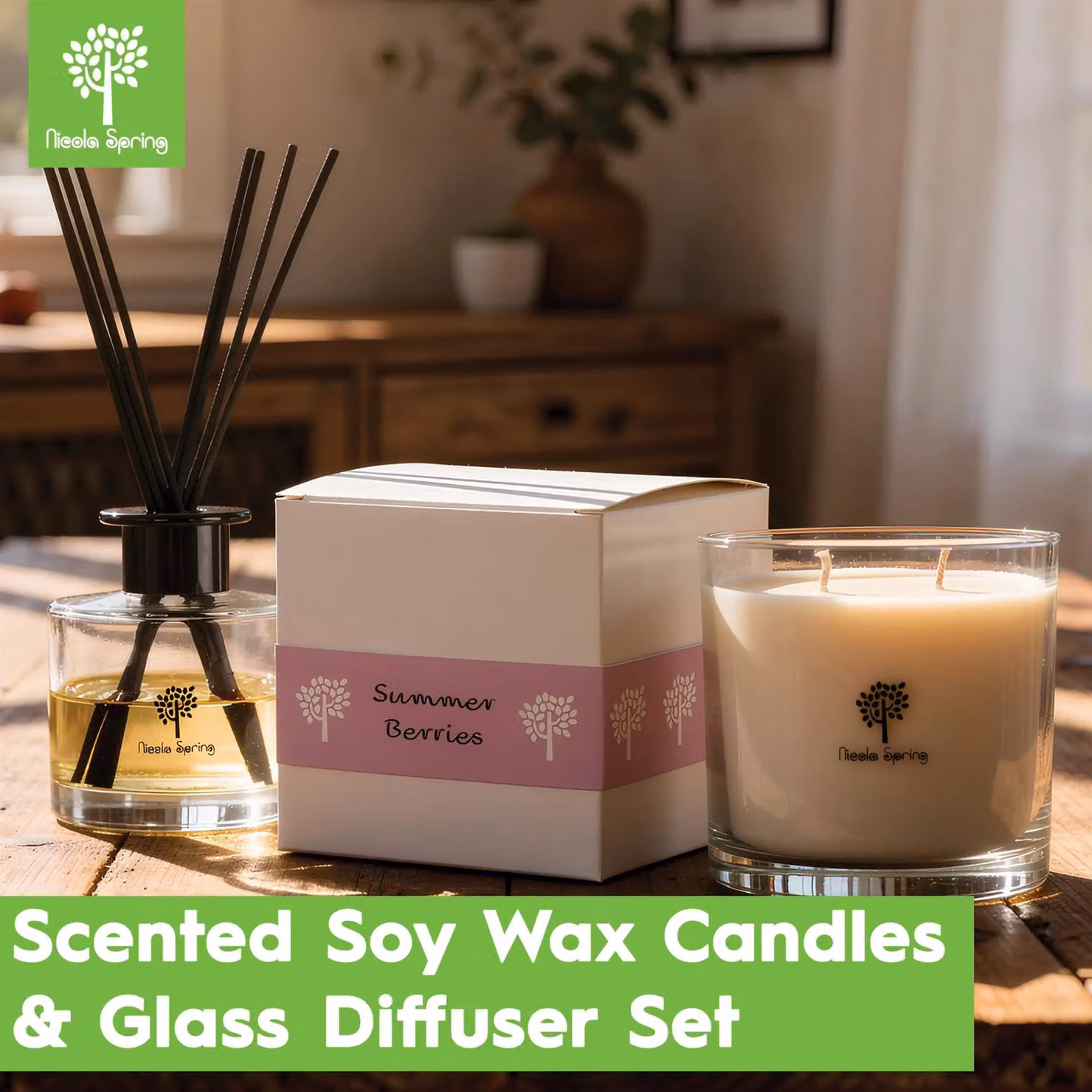 Nicola Spring Summer Berries Soy Wax Scented Candle and Reed Diffuser Set – 4