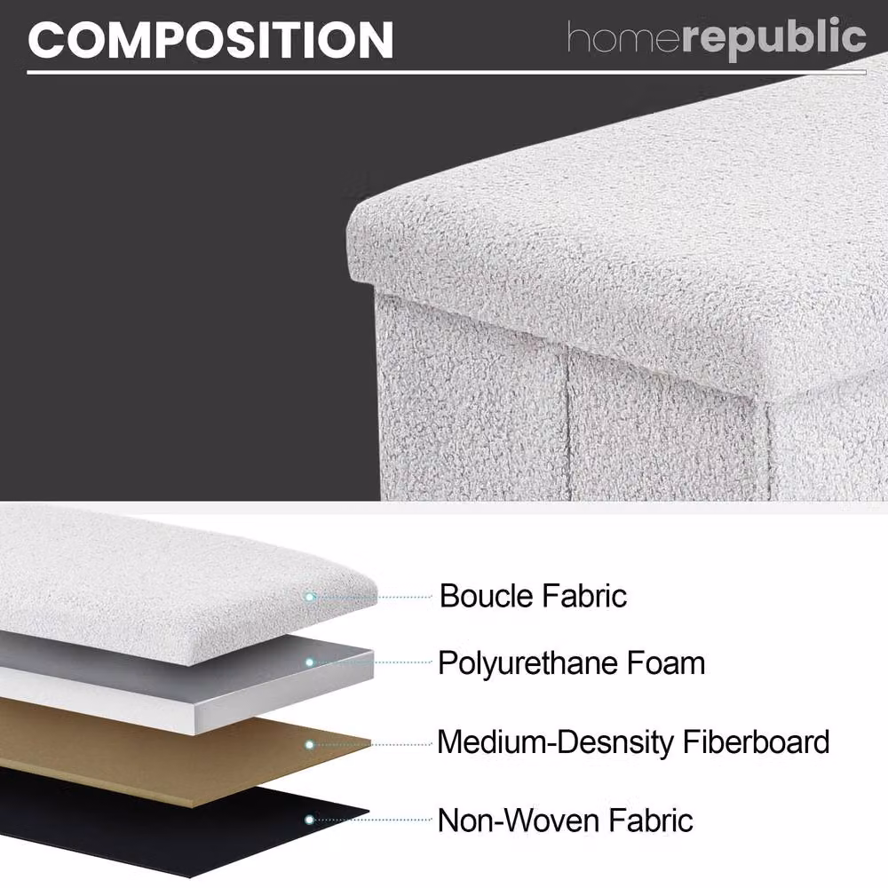 Home Republic Teddy Boucle Foldable Storage Ottoman in White, Medium – 3