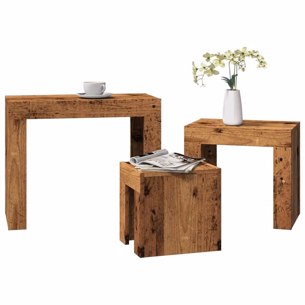 Berkfield Home Nesting Coffee Tables, 3 Piece Set in Brown Old Wood Engineered Wood – 2