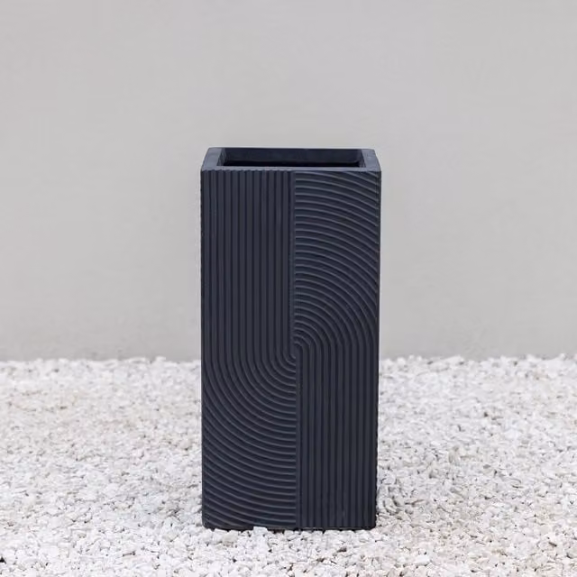 Primrose Ribbed Swirl Design Tall Square Ceramic Outdoor Planter, Black, Height: 59 cm