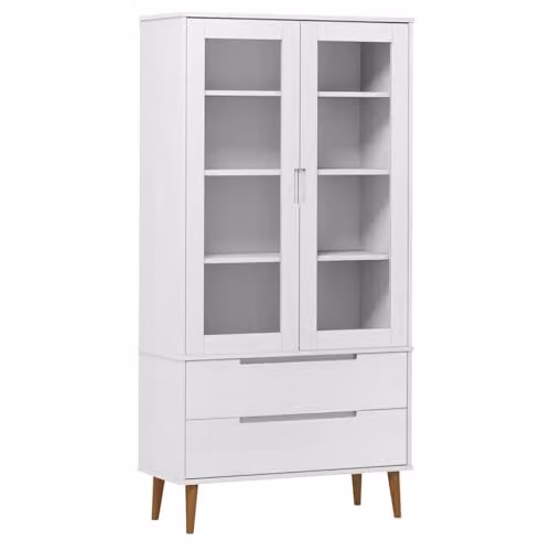 vidaXL MOLDE Vitrine Cabinet in White Lacquered Solid Pine with Glass Doors, W/D/H: 90 x 35 x 175 cm