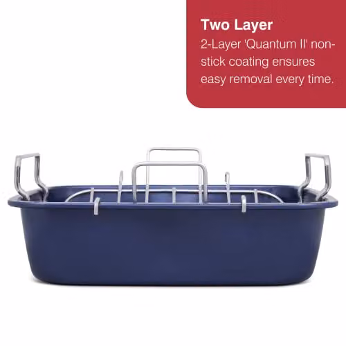 Zyliss Non-Stick Carbon Steel Rectangular Roasting Tin with Rack, Blue, W: 40.5 cm, D: 34.0 cm, H: 13.5 cm – 10