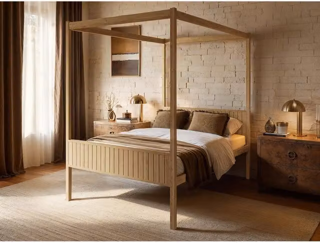 Flair Maddy Minimalist 4 Poster Canopy Bed in Natural Pine Wood, Double (140 x 200 cm)