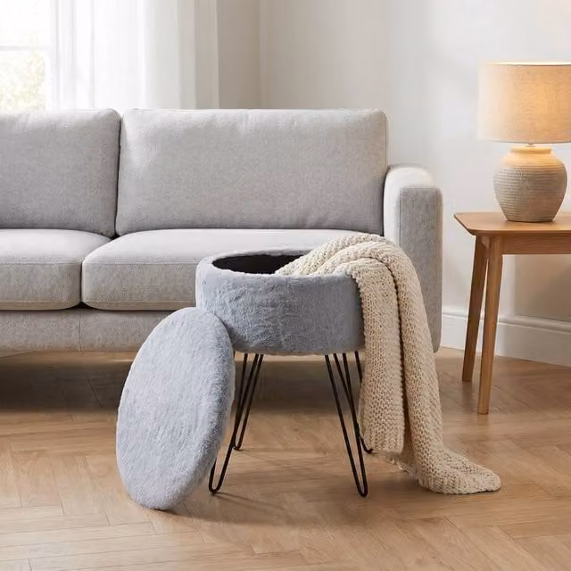 GAVENO CAVAILIA Ikat Faux Fur Storage Hairpin Stool in Grey