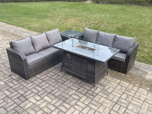 Fimous 4 Piece Rattan Garden Furniture Set with Fire Pit Table in Dark Grey
