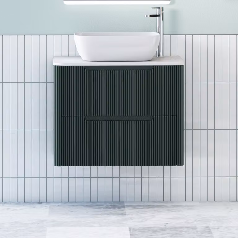 Royal Bathrooms Avenza Wall Hung Vanity Unit in Moss Green with 2 Drawers, Plain White Worktop and Elva Basin, Depth: 60 cm