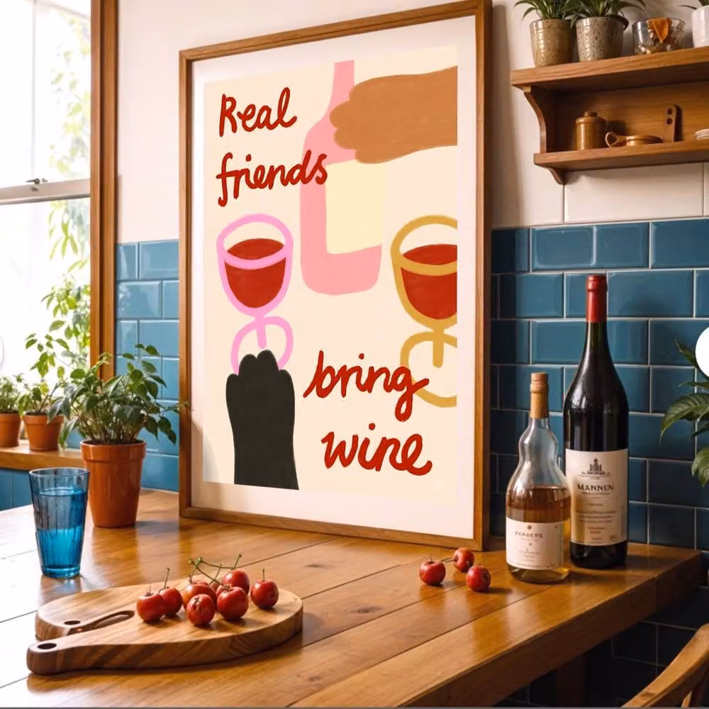 The Paper Tail Friends Bring Wine Multicolour Illustration Print, W: 14.8 cm, H: 21.0 cm – 2