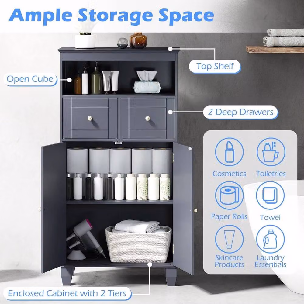 Kelvenix Modern Grey Freestanding Pine Wood Storage Organiser with Doors and Shelves – 4