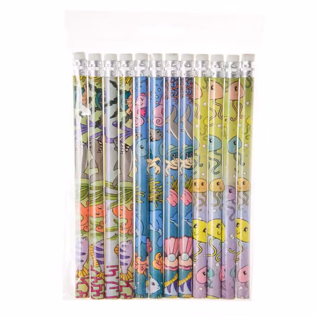 LG-Imports Pack of 12 Sea Animals Design Graphite Pencils with Eraser, Multicolour and White