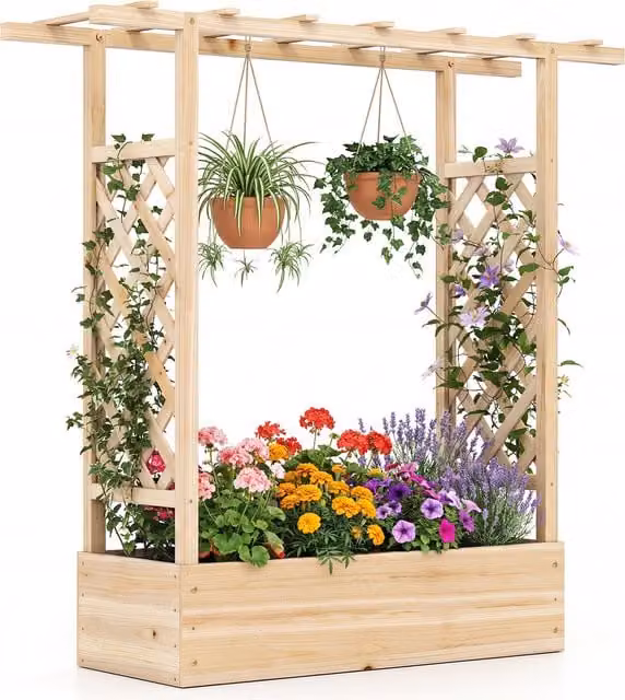COSTWAY Wooden Raised Garden Bed with Trellis in Brown
