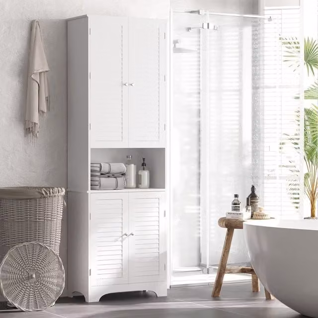 HOMCOM Tall Freestanding Retro Bathroom Cabinet with Roll Shutters and Internal Shelves in White – 1