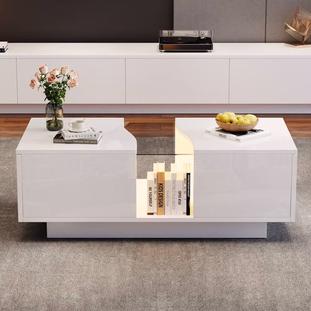 Merax Modern High Gloss LED Coffee Table with 2 Drawers and Acrylic Top, White, W/D/H: 100 x 50 x 40 cm – 5