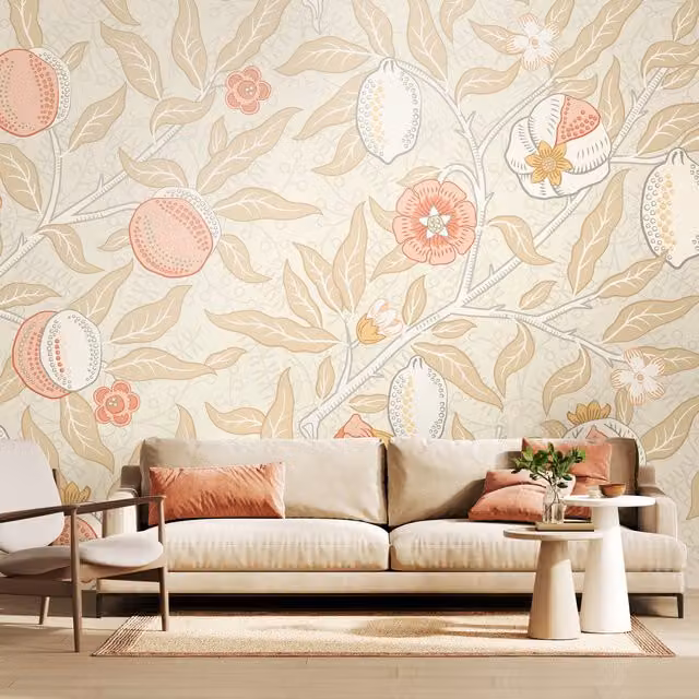 Origin Murals Fruit and Foliage Floral Wall Mural in Pink and Multicolour Soft Linen