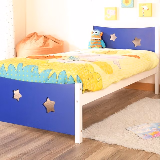 Comfy Living Single Childrens Solid Pine Wood Star House Bed Frame in Blue
