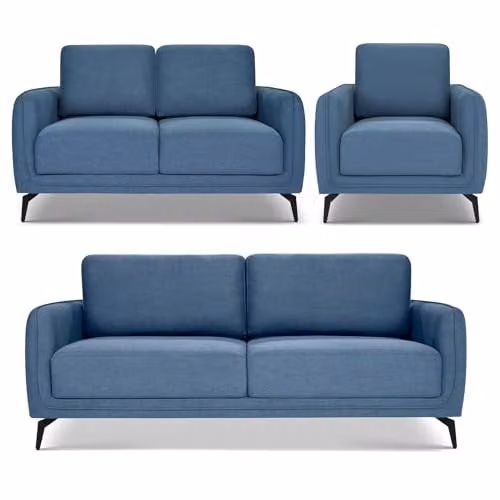 Bravich Brixton 3 Piece Blue Fabric Sofa Set with Solid Wood Frame and Foam Cushions – 1
