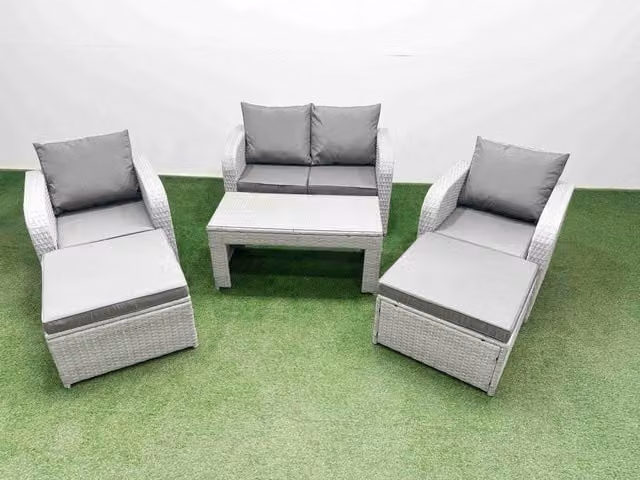 Fimous 6 Seater Light Grey PE Wicker Rattan Garden Furniture Set with Reclining Adjustable Chairs, Oblong Coffee Table and 2 Matching Ottomans