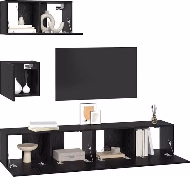 Berkfield Home 4-Piece Modern Black Oak TV Unit Set in Engineered Wood, W/D/H: 80 x 30 x 30 cm