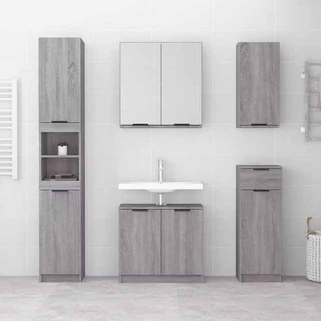 Berkfield Home Grey Sonoma Freestanding Bathroom Cabinet with Hinged Doors and Open Shelf, W: 32 cm, D: 34 cm, H: 188.5 cm