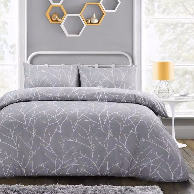 Velosso Autumn Branches Grey Duvet Cover Set in Grey, White and Yellow, 90 x 200 cm