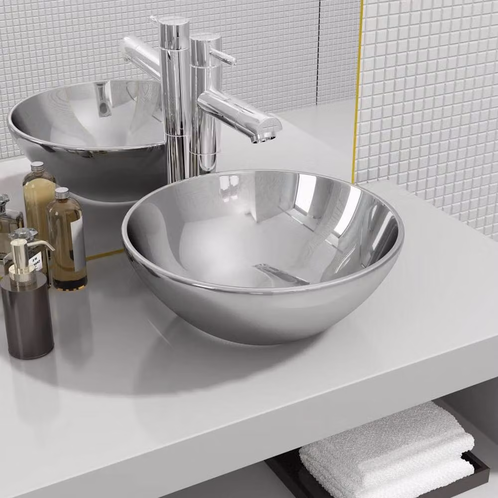 Berkfield Home Silver Ceramic Round Countertop Wash Basin W: 32.5 cm, D: 14 cm, H: 14 cm – 2