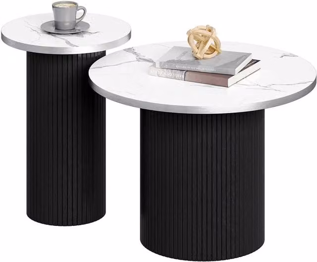 Dprodo Set of 2 Modern Round Black Marble Coffee Tables with Nested Tops