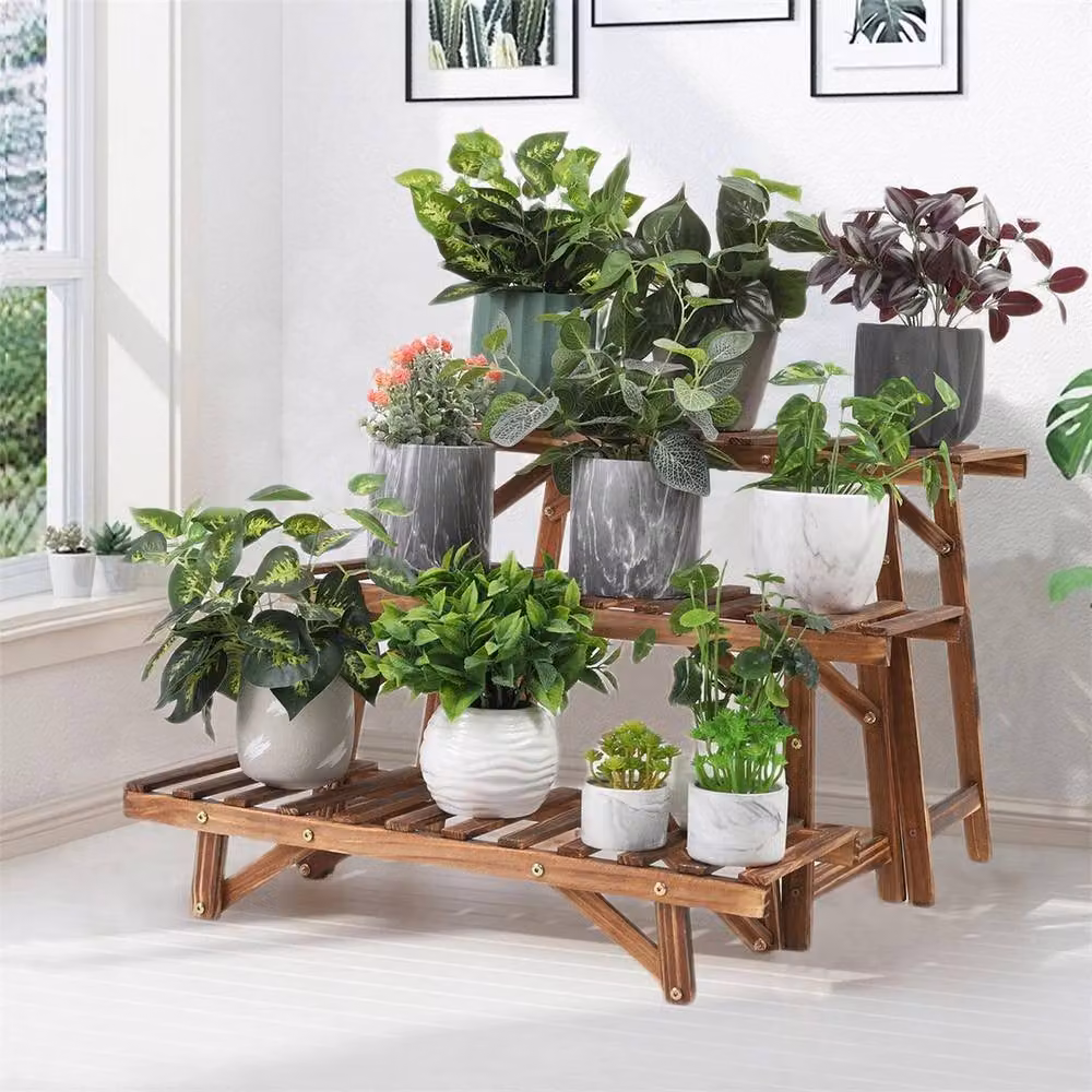 NESTLUNE 3 Tier Solid Pine Wood Ladder Plant Stand in Brown, W: 80 cm x H: 100 cm – 3